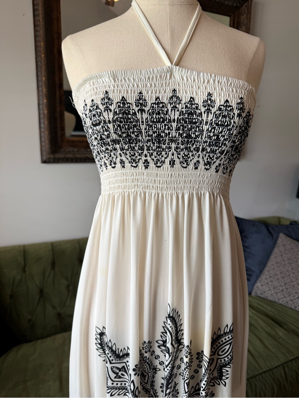 Cream Halter Maxi Dress with Black Print